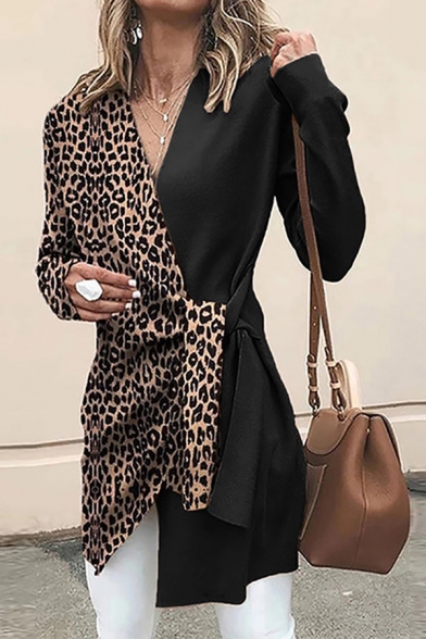 Sexy Women's Long Sleeve Surplice Neck Leopard Printed Tied Waist Asymmetric Midi Fitted Wrap Coat