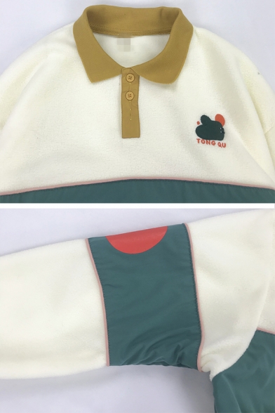 Simple Color Blocked Long Sleeve Lapel Collar Button Front Loose Plush Sweatshirt