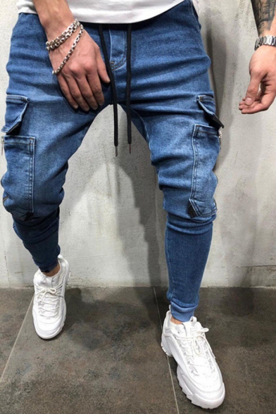 Stylish Drawstring Waist Zipper Embellished Pocket Side Plain Ankle Banded Pants Jeans