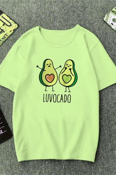 Summer Trendy Cartoon Avocado Letter Print Short Sleeve Round Neck Light Green T-Shirt