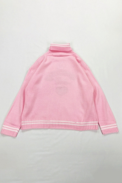 Sweet Style STRAWBERRY MILK Embroidery Pattern Turtleneck Contrast Striped Loose Sweater