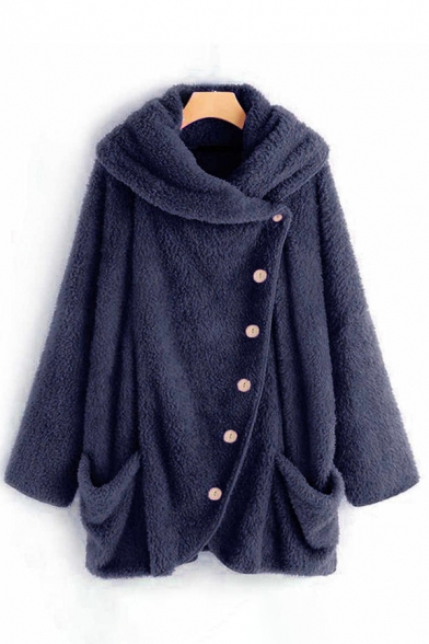 Thick Warm Long Sleeve Exaggerate Collar Button Front Pockets Side Sherpa Fleece Plain Baggy Coat for Girls