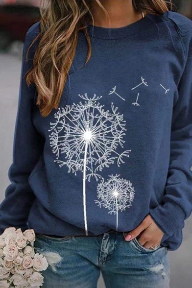 Trendy Girls' Long Sleeve Crew Neck Dandelion Printed Relaxed Fit Pullover Sweatshirt