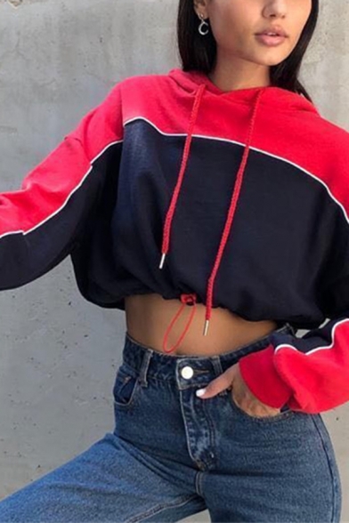 

Trendy Girls' Long Sleeve Drawstring Contrasted Relaxed Fit Crop Hoodie, Black;red, LM580750