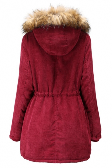 Trendy Ladies' Long Sleeve Hooded Button Front Zipper Detail Drawstring Fuzzy Trim Loose Plain Midi Parka Coat