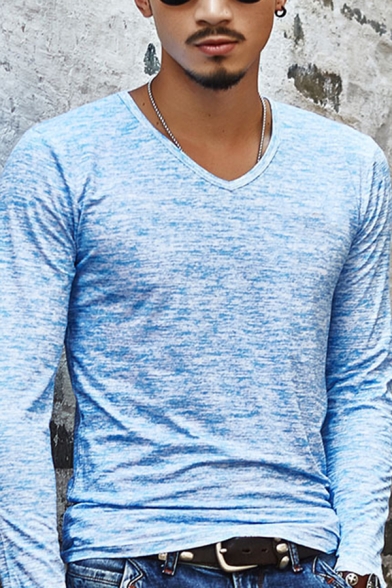 Unique Heathered Solid Color Long Sleeve V-Neck Slim Fit Casual T-Shirt