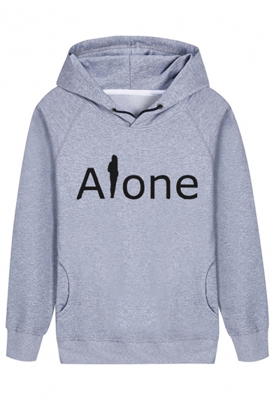 Unique Letter ALONE Printed Long Sleeve Drawstring Hoodie for Unisex Adult
