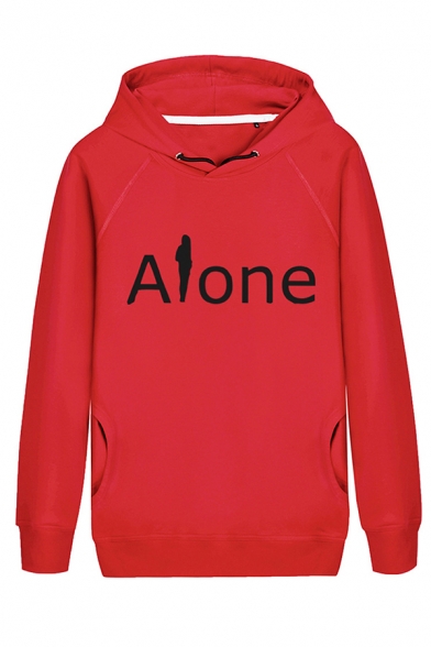 Unique Letter ALONE Printed Long Sleeve Drawstring Hoodie for Unisex Adult