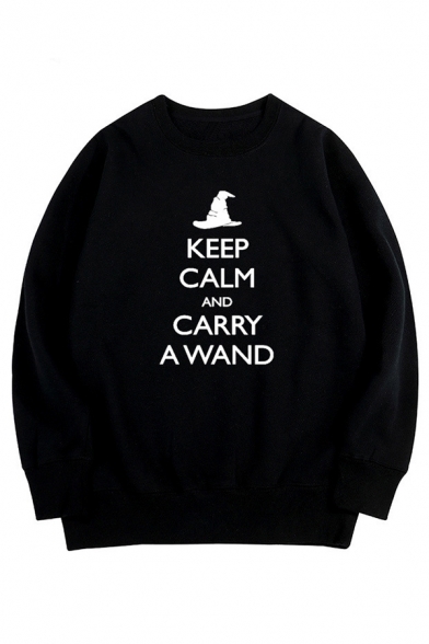 Unique Witch Hat Letter KEEP CALM CARRY A WAND Print Long Sleeves Oversized Sweatshirt