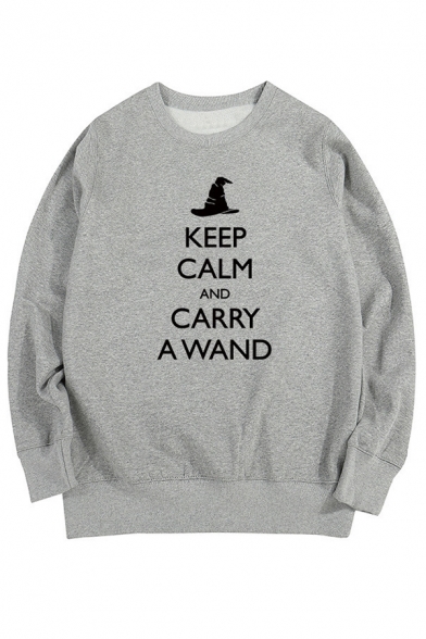Unique Witch Hat Letter KEEP CALM CARRY A WAND Print Long Sleeves Oversized Sweatshirt