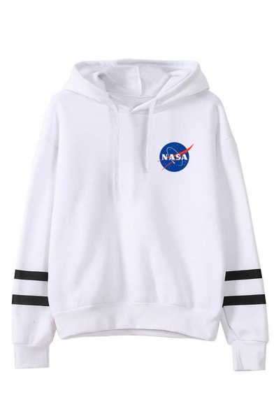 Unisex Fashion NASA Logo Print Long Sleeve Varsity Striped Hoodie in Loose Fit