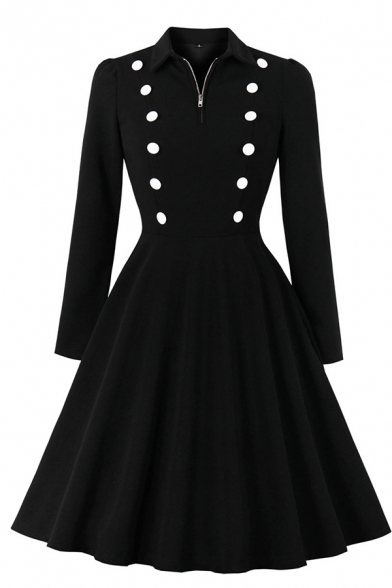 Vintage Ladies' Long Sleeve Lapel Neck Half Zip Double Breasted Midi Pleated Flared Dress in Black