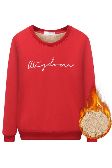 Warm Basic Long Sleeve Crew Neck Letter Printed Sherpa Liner Loose Fit Pullover Sweatshirt for Female