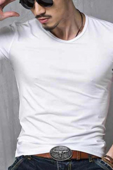 Whole Colored Round Neck Short Sleeves Slim Fit Casual T-Shirt for Metrosexual Men