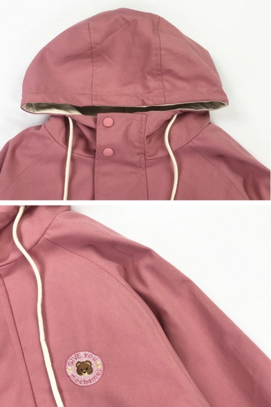 Women Plain Casual Thick Blouson Sleeve Hooded Drawstring Button Down Bear Embroidered Pockets Buckle Detail Striped Boxy Jacket