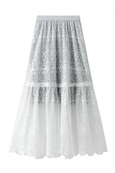 Women's Plain Pretty Elastic Waist Lace Patched Long Pleated A-Line Skirt