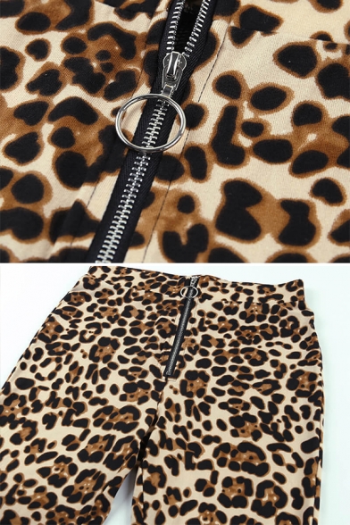 Womens Brown Classic Leopard Pattern Zip Front Croapped Tank & Skinny Pants Two Piece Set