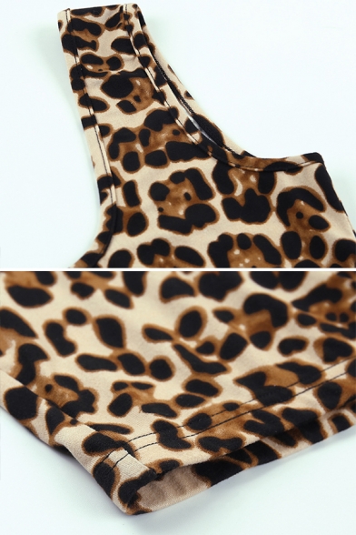Womens Brown Classic Leopard Pattern Zip Front Croapped Tank & Skinny Pants Two Piece Set