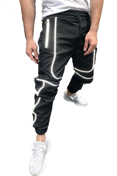 Active Reflective Tape Patchwork Drawstring Waist Loose Fit Quick-Dry Sweatpants