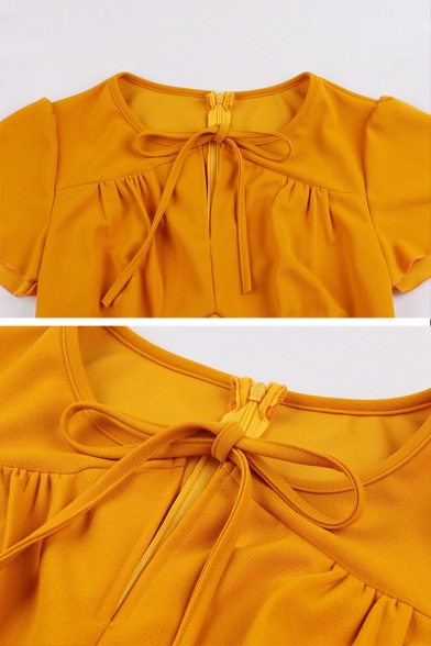 Basic Cute Orange Short Sleeve Crew Neck Zip Back Bow Tie Ruched Pleated Midi A-Line Dress for Ladies