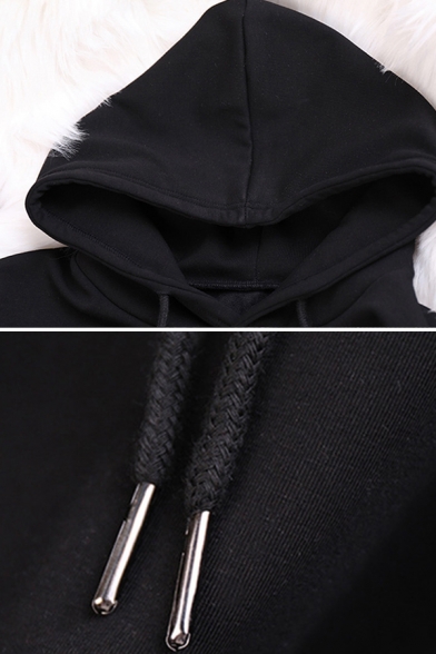 Black Hip Hop Long Sleeve Drawstring Devil Printed Sequined Oversize Hoodie for Female