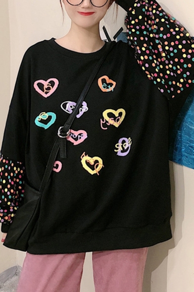 Black Stylish Blouson Sleeve Crew Neck Polka Dot Heart Print Relaxed Fit Pullover Sweatshirt for Girls