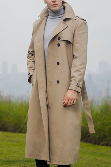 British Style Classic Long Sleeve Double Breasted Solid Color Longline Trench Coat