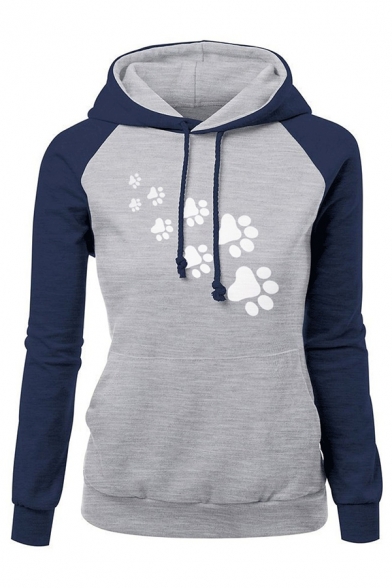 Casual Chic Long Sleeve Drawstring Cat Paw Print Contrasted Slim Fit Hoodie for Female