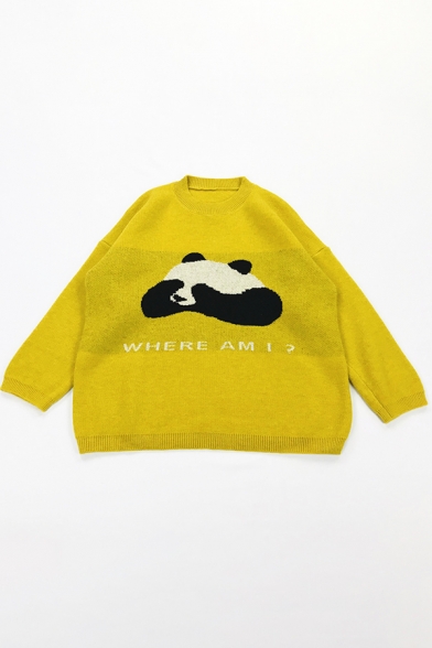 Casual Letter WHERE AM I Facepalm Panda Print Long Sleeves Relaxed Graphic Sweater
