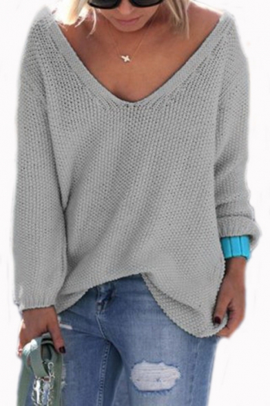 Casual Plain Long Sleeve Deep V-Neck Baggy Waffle Knit Pullover Sweater Top for Female