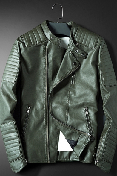 MK988 Mens Solid Color Stylish Slim Zip Up Pu Leather Moto Jacket Coat