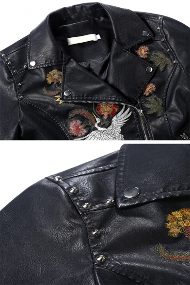Cool Black Long Sleeve Notch Collar Zipper Front Floral Embroidered Button Decoration Fitted Wrap Leather Jacket for Girls