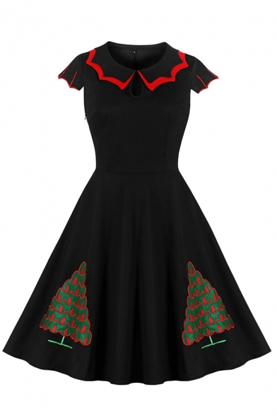 Cool Black Short Sleeve Peter Pan Collar Christmas Printed Contrast Piped Zipper Side Midi Pleated Flared Dress for Party Girls