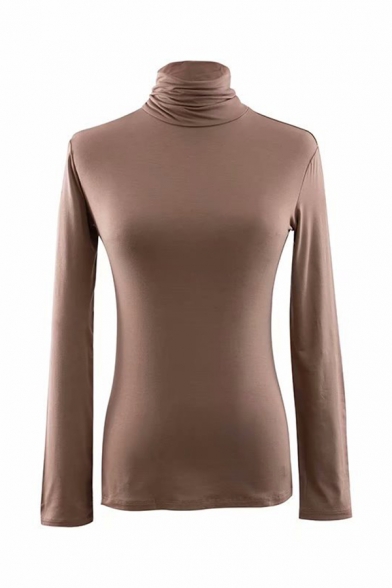 Cozy Plain Long Sleeve Turtleneck Slim Fit Stretchy T-Shirt for Female