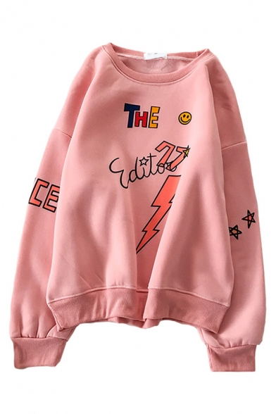 Cute Pink Long Sleeve Crew Neck Letter THE EDITOR Graphic Loose Fit Pullover Sweatshirt for Girls