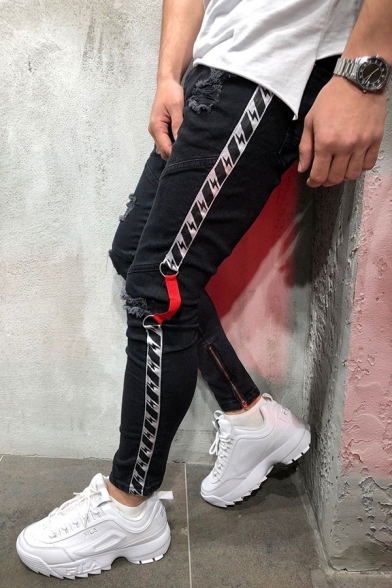 Designer Lightning Pattern Ribbon Insert Knee Cut Zip Fly Skinny Fit Ripped Black Jeans