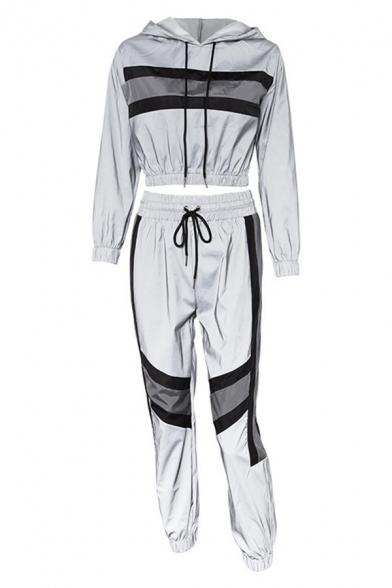 Edgy Girls Contrast Stripe Reflective Crop Hoodie & Drawstring Waist Pants Silver Co-ords