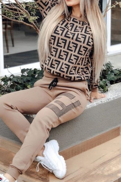Exclusive Letter F Pattern Long Sleeve Sweatshirt with Drawstring Waist Pants Casual Daily Co-ords