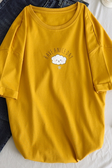 Fashion Girls' Short Sleeve Crew Neck Letter HAVE A NICE DAY Cloud Print Oversize Tee Top