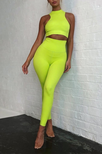 Female Sexy Fashion Whole Colored Sleeveless Crop Tank & Skinny Pants Two Piece Fitness Set