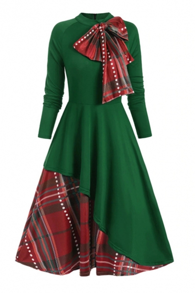 Female Unique Fashion Long Sleeve Stand Collar Bow Tie Zip Back Plaid Printed Patched Maxi Pleated Flared Dress