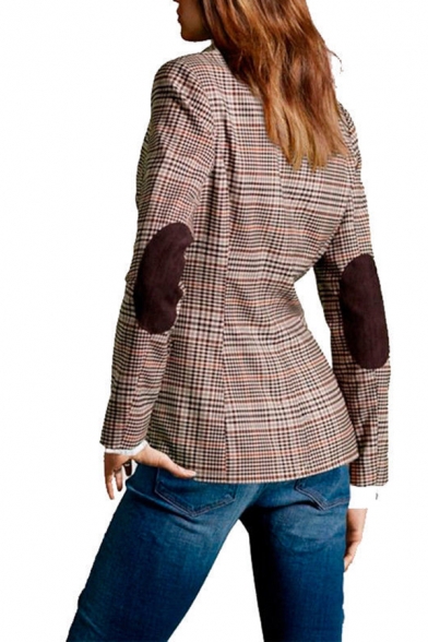 Formal Elegant Ladies' Long Sleeve Notch Lapel Collar Button Down Flap Pockets Patched Fitted Glen Plaid Blazer in Khaki