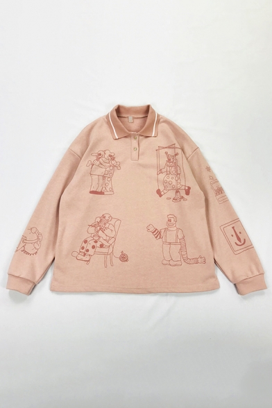 Funny Cartoon Printed Long Sleeve Button Front Pink Oversized Pullover Sweatshirt