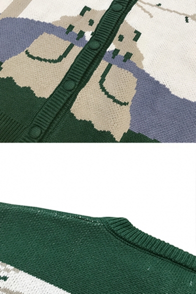 Girls' Cute Cozy Long Sleeve Crew Neck Button Down Koala Pattern Oversize Purl Knit Cardigan in Green