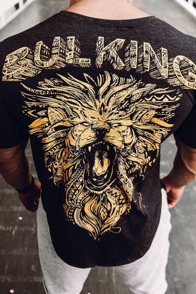 Hot Popular Letter BULKING Lion Print Short Sleeves Crewneck Fitted Slim Graphic T-Shir