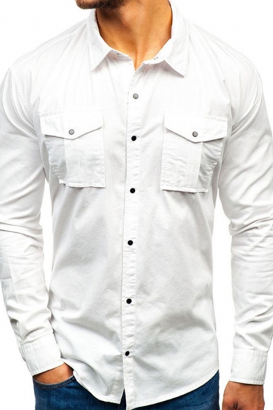 Hot Popular Solid Color Long Sleeve Chest Pocket Slim Fit Button Up Work Shirt