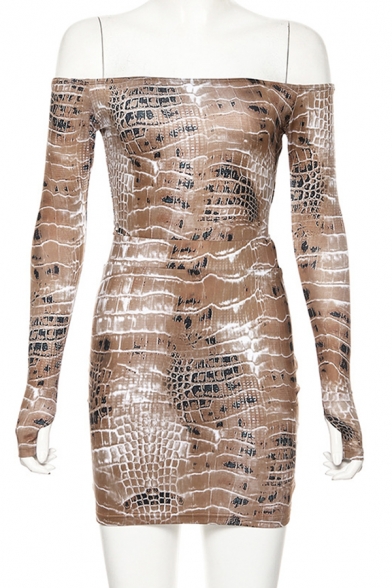 Ladies Sexy Brown Snakeskin Pattern Long Sleeve Off Shoulder Bodysuit with Mini Skirt Co-ords