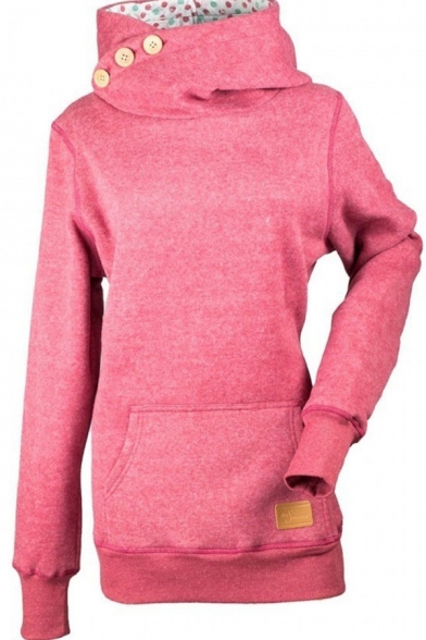 Leisure Plain Button Embellished Funnel Neck Long Sleeve Fitted Pullover Hoodie