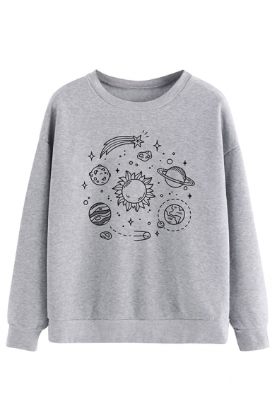 Lovely Planet Pattern Long Sleeve Crew Neck Loose Fit Pullover Sweatshirt