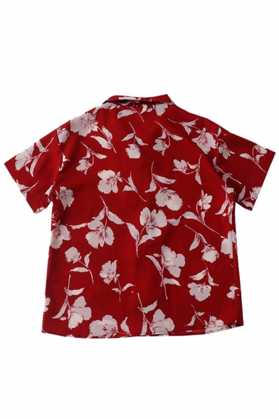 Maroon Basic Short Sleeve Notch Collar Button Down Floral Printed Relaxed Shirt for Women